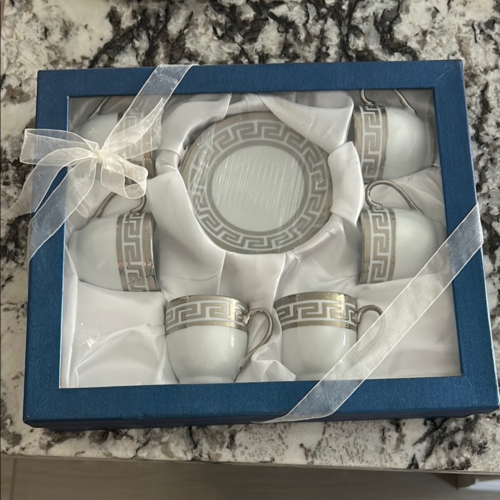Elegant Greek Key Tea Set in Blue and Silver